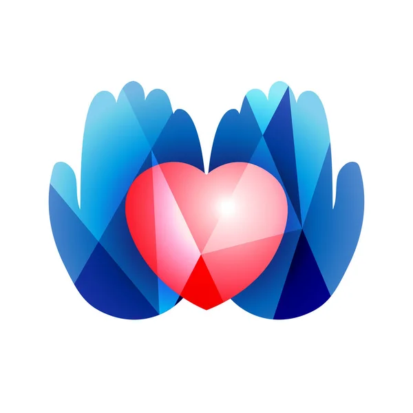 Heart Hands Logo Concept Tvůrčí Znak Barevném Skle Lidské Dlaně — Stockový vektor