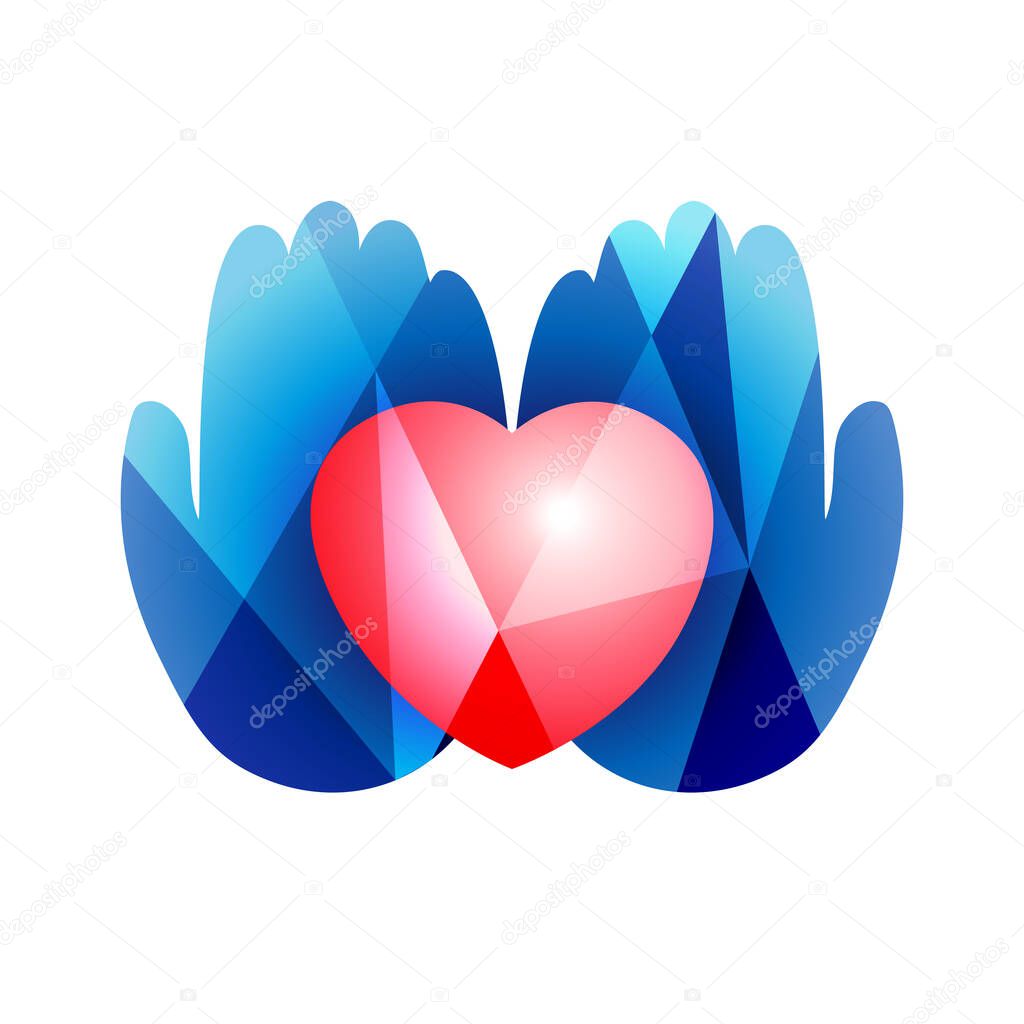 Heart in hands logo concept. Creative sign in stained glass style. Human palms and 3D heart shape. Abstract isolated graphic design template. Logotype idea in red and blue colors. White background.