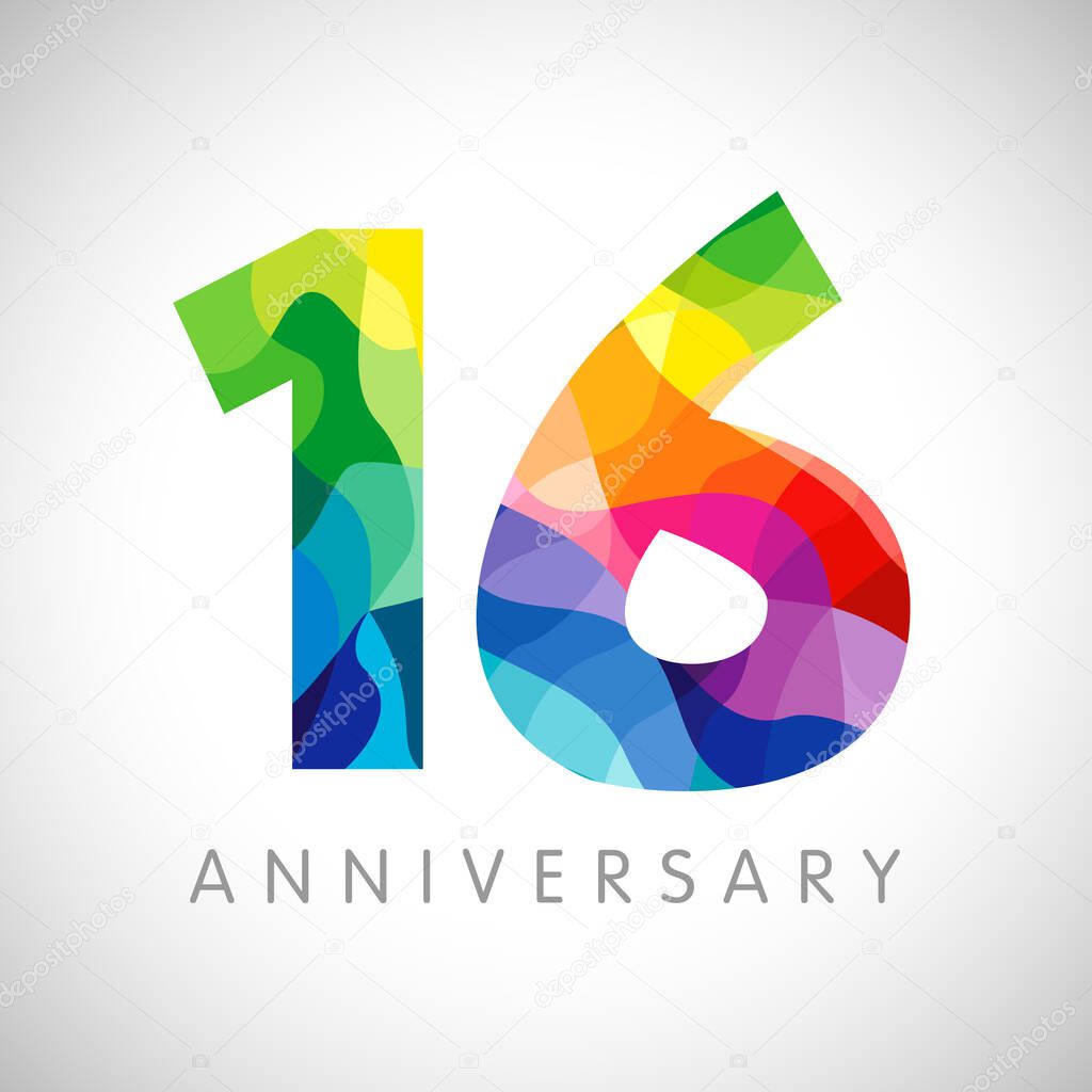 16 th anniversary numbers. 16 years old logotype. Bright congrats. Isolated abstract graphic web design template. Creative 1, 6 3D digits. Up to 16%, -16% percent off discount. Congratulation concept.