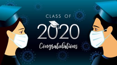 2020 mezuniyetini kutlayan sınıf kapalı, sosyal uzaklık tasarımı. Tıp maskeli öğrencilerle vektör illüstrasyonu ve koyu mavi arka plan akademik başlıklı mezuniyet metni
