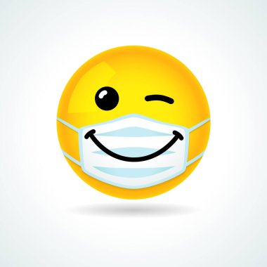 Ağız maskesiyle gülümseyen Emoji. Beyaz cerrahi maske takan sarı göz kırpan ifade. Vektör göz kırpma simgesi