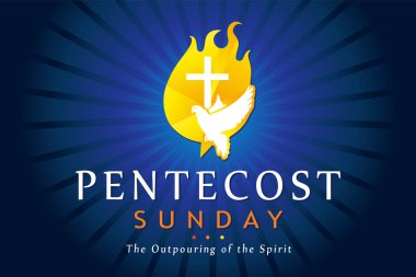 Kutsal Ruh 'un alevler içinde olduğu Pentekost Pazar bayrağı. Pentecost günü için şablon daveti dilleri ateş ve metin içinde güvercin - Ruhun Dökülmesi. Vektör illüstrasyonu