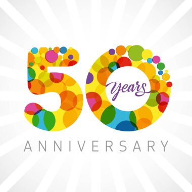 50 th anniversary numbers. 50 years old multicolored congrats. Cute congratulation concept. Isolated abstract graphic design template. Age digits. Up to 50%, -50% percent off discount. Decorative sign clipart
