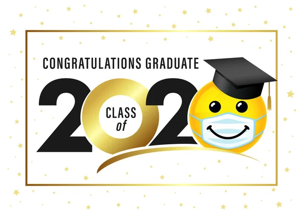 Clase Graduación 2020 Con Sonrisa Gorra Académica Máscara Médica Emoji — Vector de stock