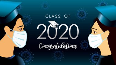 2020 mezununu kutlayan sınıf, sosyal uzaklık konsepti. Tıp maskeli öğrencilerle vektör illüstrasyonu ve akademik başlık içinde Coronavirus arka planlı koyu mavi üzerine mezuniyet metni