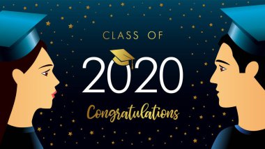 2020 sınıfı, tebrikler, akademik şapkalı öğrenciler. Kız, erkek ve mezuniyet metninde koyu mavi arka planda altın yıldızlı akademik şapkayla vektör çizimi