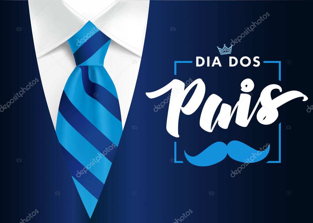 Happy Father's Day card in portuguese words - Dia Dos Pais, with blue striped necktie. Promotion and shopping template for Fathers Day for dad on blue suit background. Vector illustration
