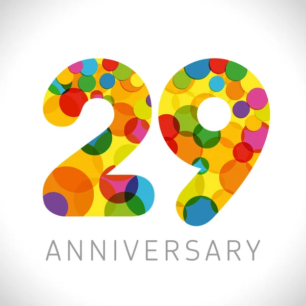 29周年記念番号 29歳のマルチカラーコングレート かわいいお祝いのコンセプト 抽象的なグラフィックデザインテンプレートを分離 年齢の数字 最大29 割引から 装飾記号 — ストックベクタ