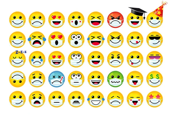 Emoji Pictogrammen Ingesteld Medisch Masker Gele Lachende Emoticons Met Wit — Stockvector