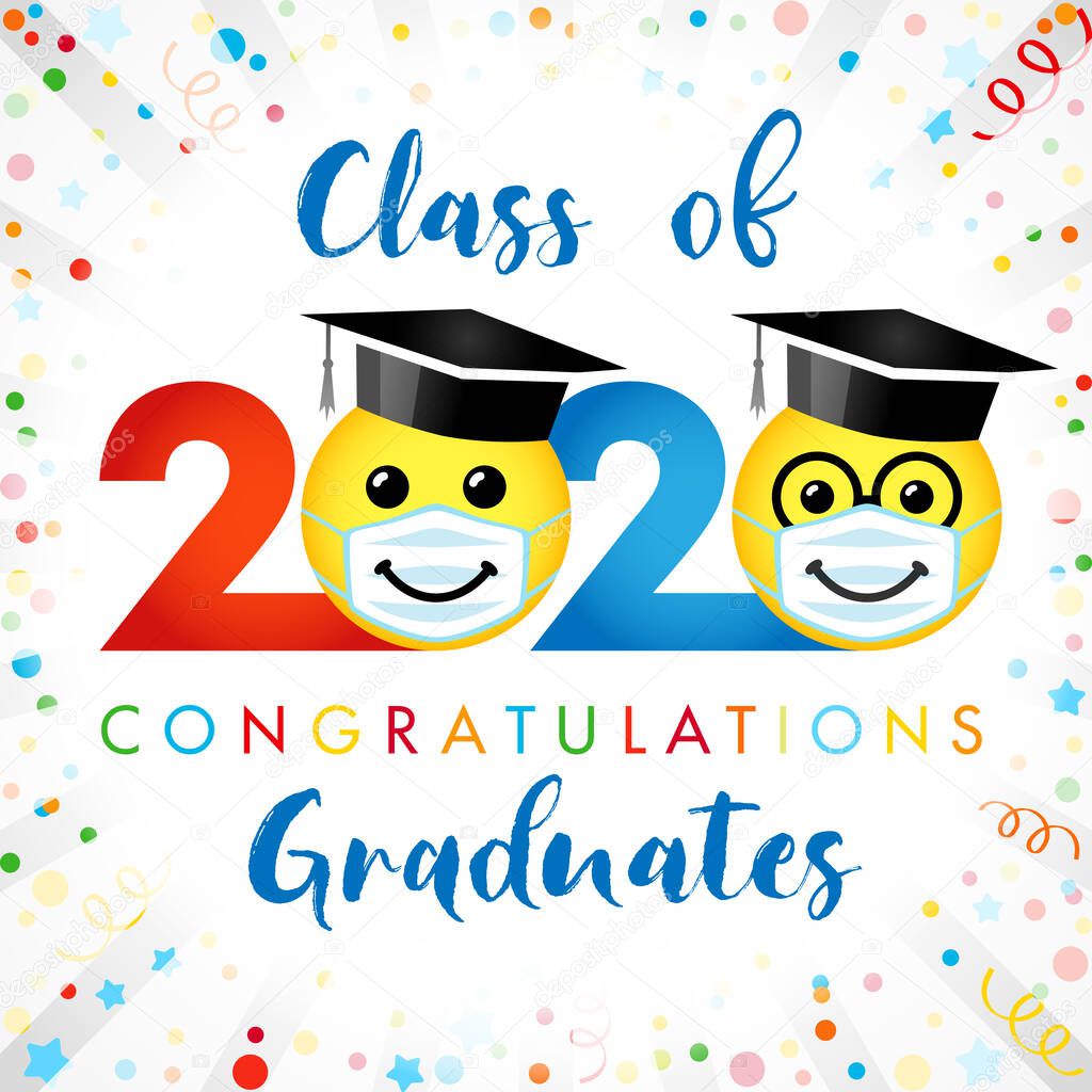 Class of 2020 year graduating banner, awards concept. Creative funny sign, happy holiday cute colorful invitation poster. Isolated abstract graphic design template. Red, blue colors, white background.