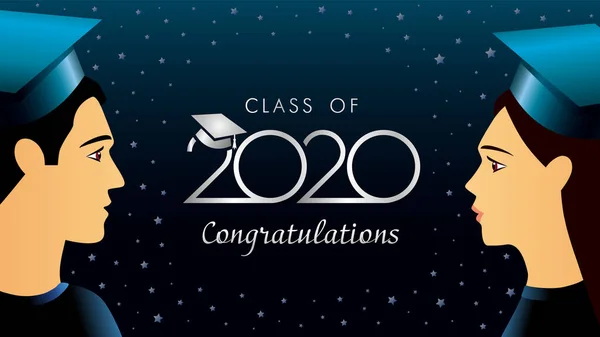 Classe 2020 Congratulazioni Studenti Con Cappello Accademico Lettering Sfondo Modello — Vettoriale Stock