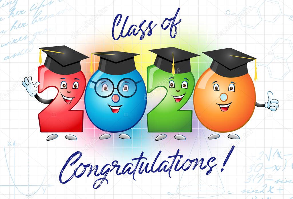 Class of 2020 year graduation banner, awards concept. Cute colorful sign, happy holiday invitation card. Isolated abstract graphic design template. Funny bright digits, cartoon style, white background