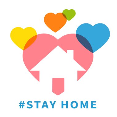 Evde kal, renkli kalpler üzerinde bir ev. Güvenlik aile çıkartması, karantina sembolü illüstrasyon