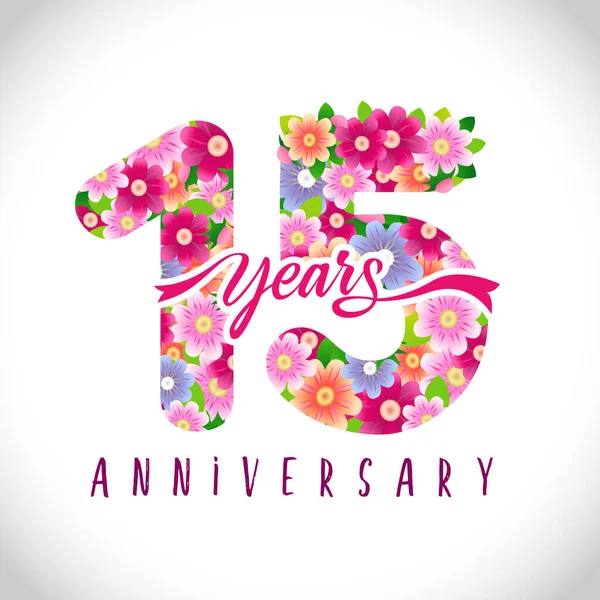 Les Numéros 15E Anniversaire Logotype Ans Félicitations Florales Roses Modèle — Image vectorielle