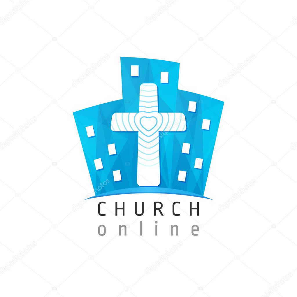 City and cross blue logotype concept. Stained glass logo idea. Religious creative 3D icon, christian education symbol. Internet church sign. Brand button. Isolated abstract graphic web design template
