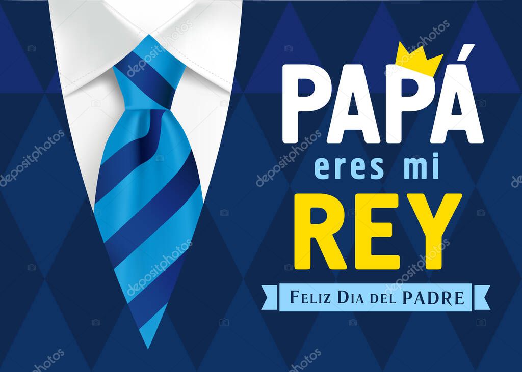 Papa eres mi Rey & Feliz dia del Padre Spanish lettering, translate: Dad you are my king, Happy fathers day. Father day vector illustration with text, crown & yellow ribbon on mans suit