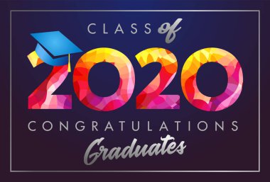 2020 mezuniyet pankartı, ödül konsepti. Lekeli 3D tabela, mutlu bayram davetiyeleri. Soyut grafik tasarım şablonu. Fırçalama biçimi ile kaligrafik metin, koyu arkaplan.