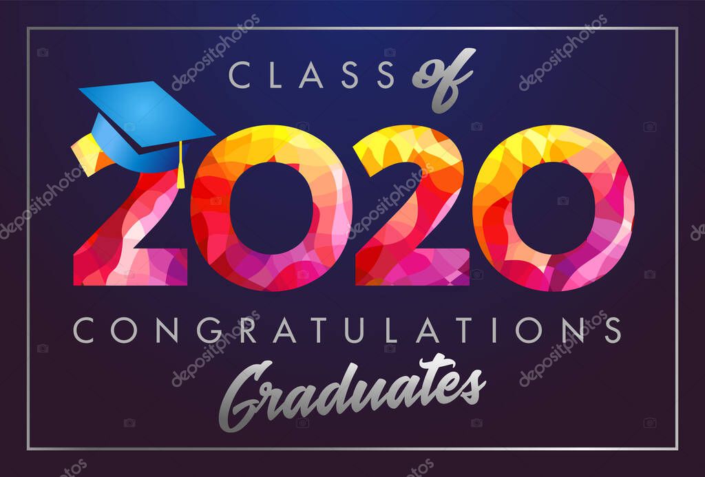 Class of 2020 year graduation banner, awards concept. Stained 3D sign, happy holiday invitation card. Isolated abstract graphic design template. Calligraphic text in brushing style, dark background.
