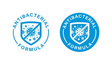 Antibacterial formula stamp, shield with crossed bacteries inside. Vector isolated sign for antiseptic cosmetics and medical pharmaceutical products clipart