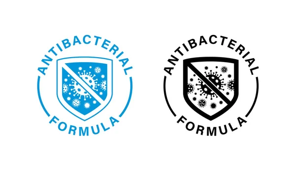 Iconos Fórmula Antibacteriana Escudo Con Bacterias Cruzadas Azul Negro Sello — Vector de stock