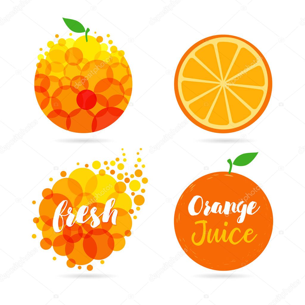 Orange fruit. Oranges that are segmented on a white background. Fresh juice apple, papaya, mango logo set citrus design. Orange and yellow drops bubbly creative vector illustration