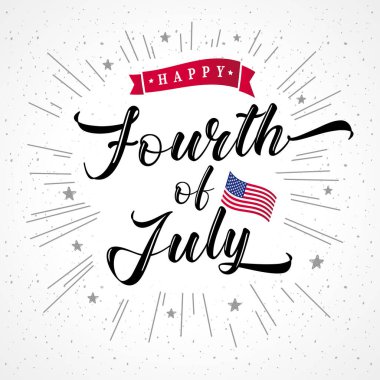 4 Temmuz ABD klasik yazı ve ışık demetleri. Amerika Birleşik Devletleri Bağımsızlık Günü 'nüz kutlu olsun. Kirişler ve yıldızlarla arka plan kaligrafik harf vektörü.