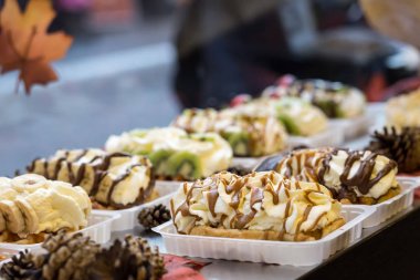 Fırın ekmek üreticileri - gıda arka plan Belçika waffle. Gaufres au sucre