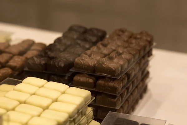 Belgium tasty truffle delicious chocolate in a row, candy shop view. Food travel tourism. — Stock Photo, Image