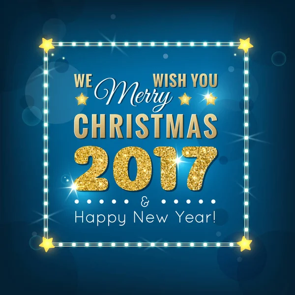 Neşeli Noel ve mutlu yeni yıl 2017 çerçeve mavi renkli vektör çizim üzerinde parlayan ile kartpostal. Afiş, poster, kart, ışıltılı ile el ilanı için modern tipografi tasarım 2017 imzalamak ve çelenk
