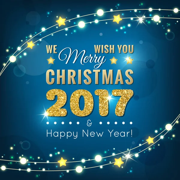 Neşeli Noel ve mutlu yeni yıl 2017 ışıklar ve garland mavi renkli vektör çizim üzerinde parlayan ile kartpostal. Afiş, poster, kart, ışıltılı 2017 işareti ve çelenk ile el ilanı için tasarım modern tipografi
