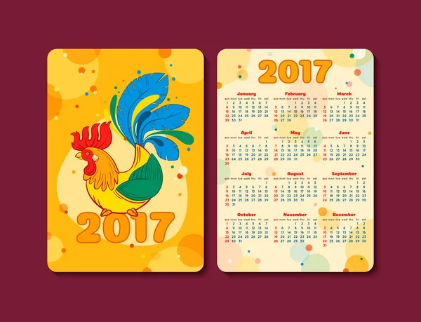horoz - burç Çin yeni yıl sembolü ile 2017 cep takvim. Parlak renkli horoz vektör çizim. Takvim şablonu dikey yönlendirme. Hafta Pazar günü başlar