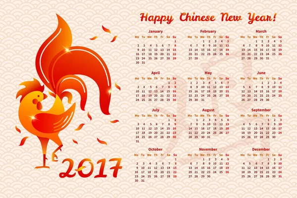2017 вектор календар з червоним півня на світло хвилясті текстурованому фоні. Вогняний півень ілюстрація - символ в 2017 році на новий китайський гороскоп. Календар 2017 шаблон на тиждень стартує у понед. — стоковий вектор