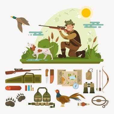 Flat landscape with hunter and dog. Vector hunting icons set clipart