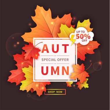 Koyu arka plan üzerinde beyaz bir çerçeve ve renkli akçaağaç sonbahar satış flyer şablonu bırakır