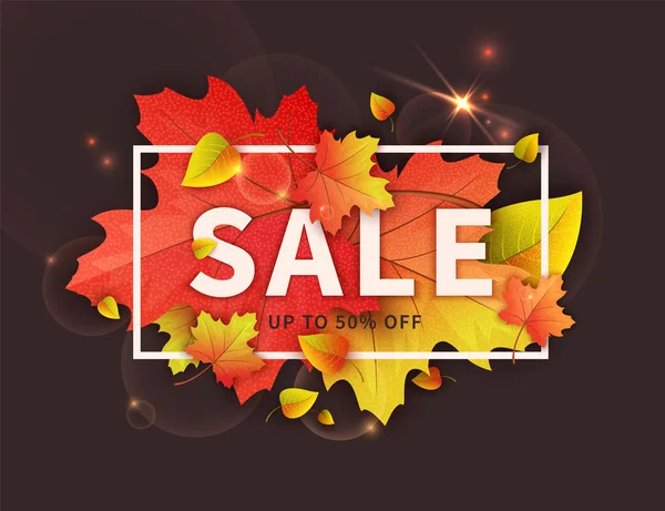Herbst Verkauf Banner mit bunten Blattvektor Illustration auf dunklem Hintergrund — Stockvektor