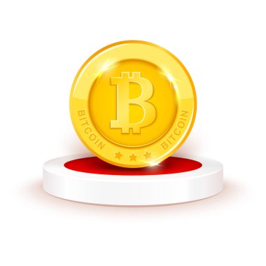 Kırmızı halı ile podyum üzerinde vektör altın bitcoin