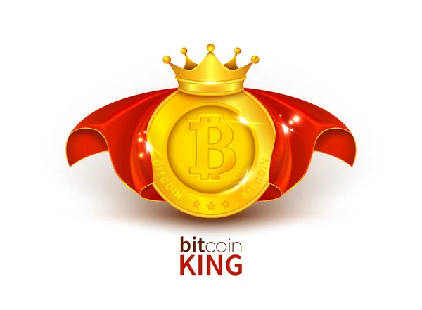 Vector de oro bitcoin en capa roja con corona de rey — Vector de stock