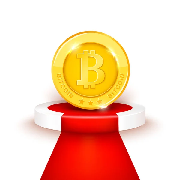 Kırmızı halı ile podyum üzerinde vektör altın bitcoin