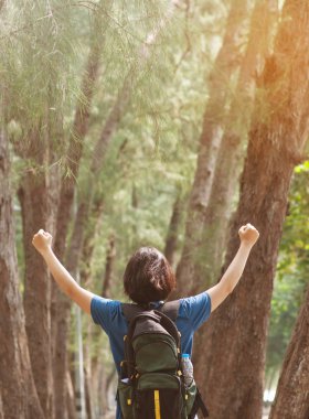 doğa arka plan üzerinde sırt çantası ile kadın uzun yürüyüşe çıkan kimse.