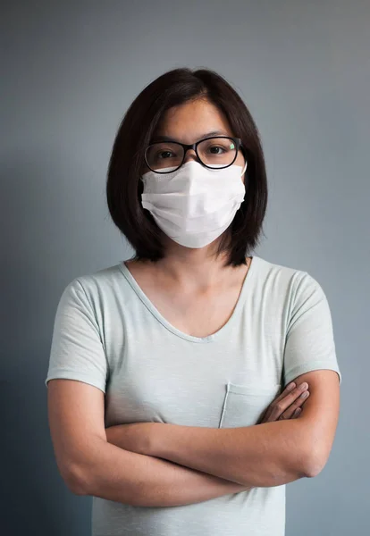 Asian glasses woman wear medical mask.