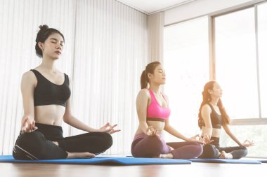 Grup Asyalı insanlar yoga uygulamak. Jest meditasyon. Kopya spa