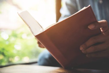 Kitap üzerinde odaklanın. Yeşil natura defter tutan adam konsantre