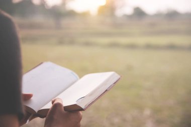 Kız kırsal arka plan üzerine bir kitap okuma. 