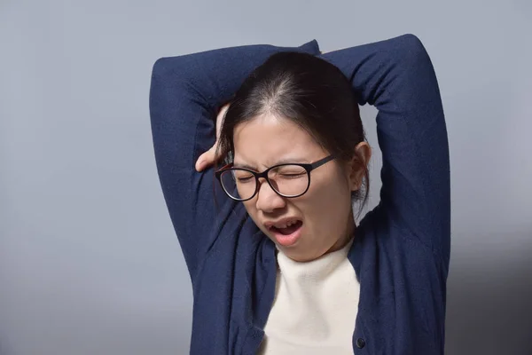 Asian Glasses Woman Yawning. — Stock Photo, Image