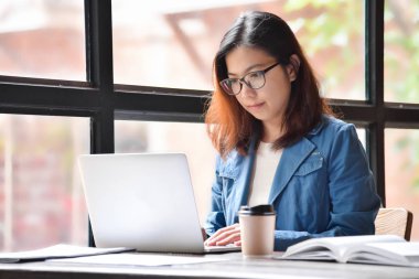 Kadın onun iş için dizüstü bilgisayar kullanarak mavi gömlekli.