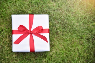 Yeşil çim zemin üzerine kırmızı kurdele ile beyaz hediye kutusu.