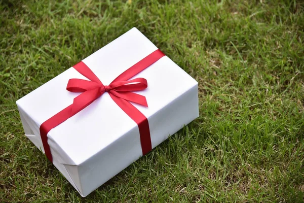 White gift box with red ribbon on green grass background.