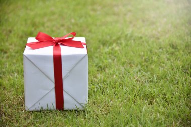Yeşil çim zemin üzerine kırmızı kurdele ile beyaz hediye kutusu.