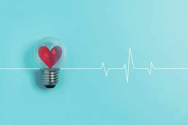 Red heart in light bulb with Heartbeat pulse on blue background.