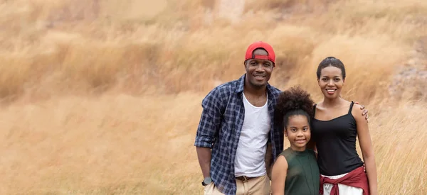 Happy Smiling African Family Enjoying Standing Meadow Spring Summer Together — Stock Photo, Image